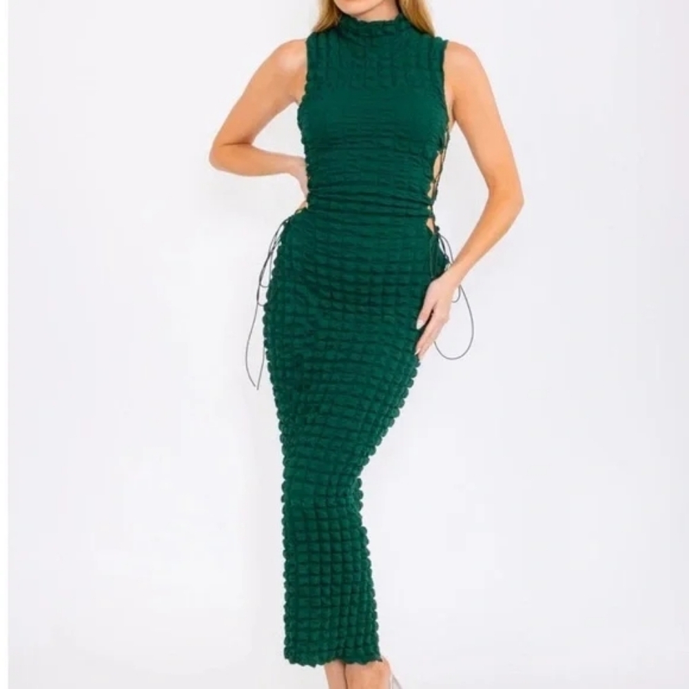 NWOT Elegant Forest Green Textured Puff Dress
